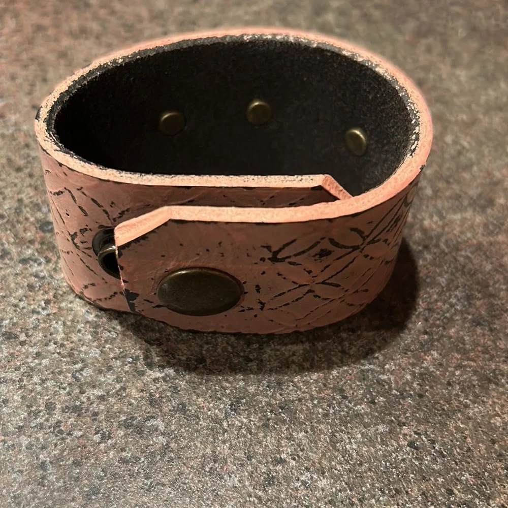 How Great Thou Art Pink Leather Cuff Bracelet with Turquoise Accent